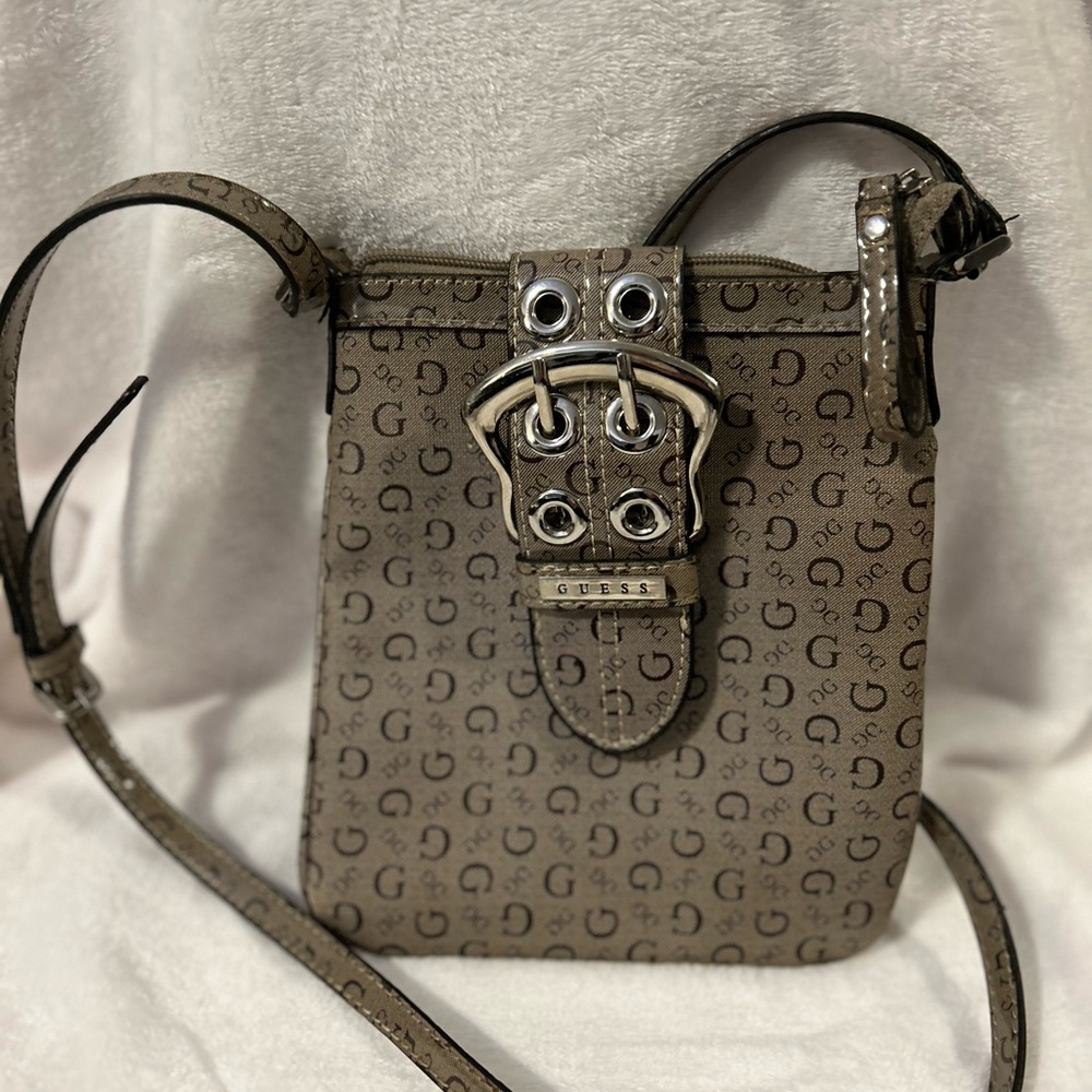 Guess Tan Crossbody Bag with Logo Pattern